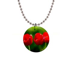 Three Red Tulips, Green Background Button Necklaces by FunnyCow