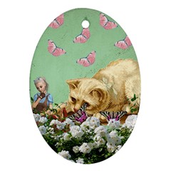 Cat And Butterflies Green Oval Ornament (two Sides) by snowwhitegirl