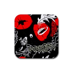 Red Poppy Flowers On Gray Background By Flipstylez Designs Rubber Coaster (square)  by flipstylezfashionsLLC