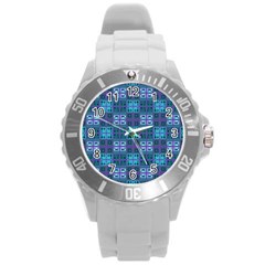 Mod Purple Green Turquoise Square Pattern Round Plastic Sport Watch (l)