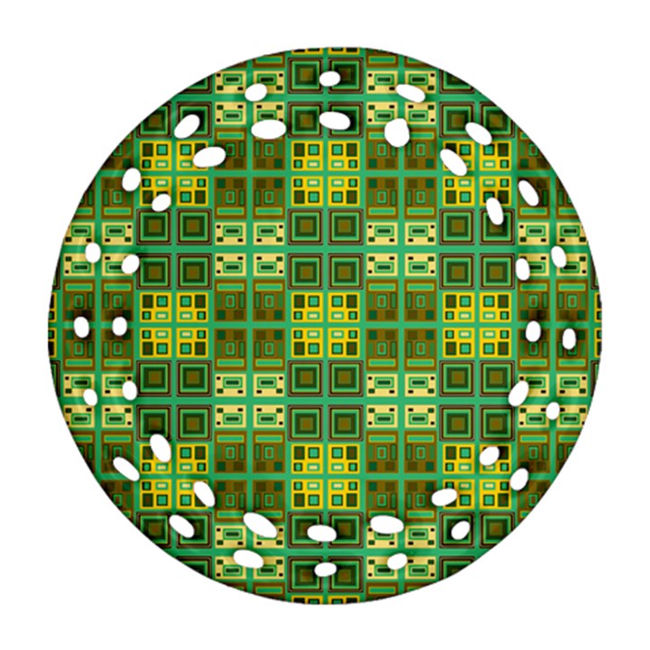 Mod Yellow Green Squares Pattern Round Filigree Ornament (Two Sides)