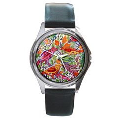 Art Flower Pattern Background Round Metal Watch