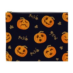 Funny Scary Black Orange Halloween Pumpkins Pattern Cosmetic Bag (xl) by HalloweenParty