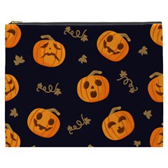 Funny Scary Black Orange Halloween Pumpkins Pattern Cosmetic Bag (xxxl) by HalloweenParty