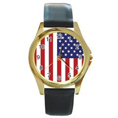 Us Flag Stars And Stripes Maga Round Gold Metal Watch by snek