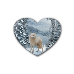 Wonderful Arctic Wolf In The Winter Landscape Heart Coaster (4 Pack)  by FantasyWorld7