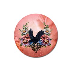 Wonderful Crow With Flowers On Red Vintage Dsign Magnet 3  (round)