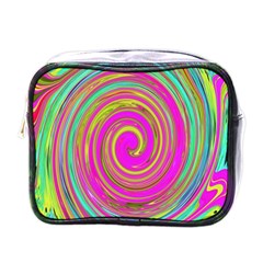 Groovy Abstract Pink, Turquoise And Yellow Swirl Mini Toiletries Bag (one Side) by myrubiogarden