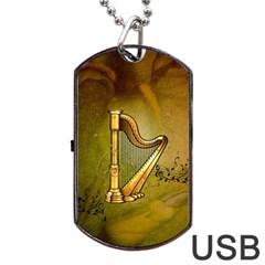 Wonderful Golden Harp On Vintage Background Dog Tag Usb Flash (one Side)