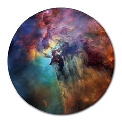 Lagoon Nebula Interstellar Cloud Pastel Pink, Turquoise And Yellow Stars Round Mousepads by genx