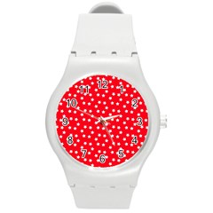 Christmas Pattern White Stars Red Round Plastic Sport Watch (m) by Mariart