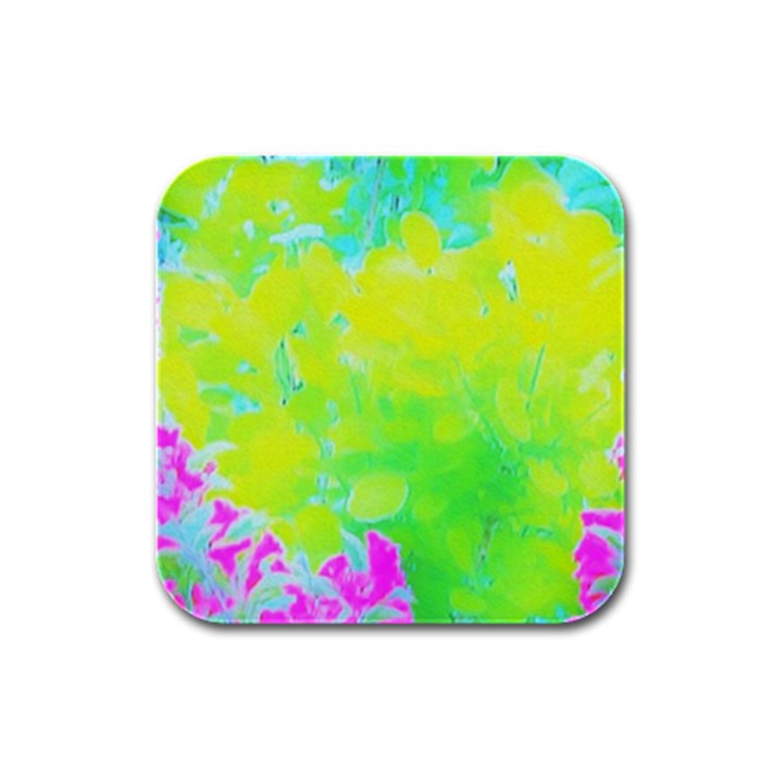 Fluorescent Yellow And Pink Abstract Garden Foliage Rubber Square Coaster (4 pack) 