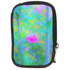 Pink Rose Of Sharon Impressionistic Blue Landscape Garden Compact Camera Leather Case by myrubiogarden