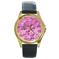 Pink Camouflage Army Military Girl Round Gold Metal Watch by snek