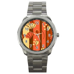 Amber Yellow Stripes Leaves Floral Sport Metal Watch by Pakrebo