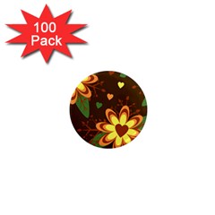 Floral Hearts Brown Green Retro 1  Mini Magnets (100 Pack) 