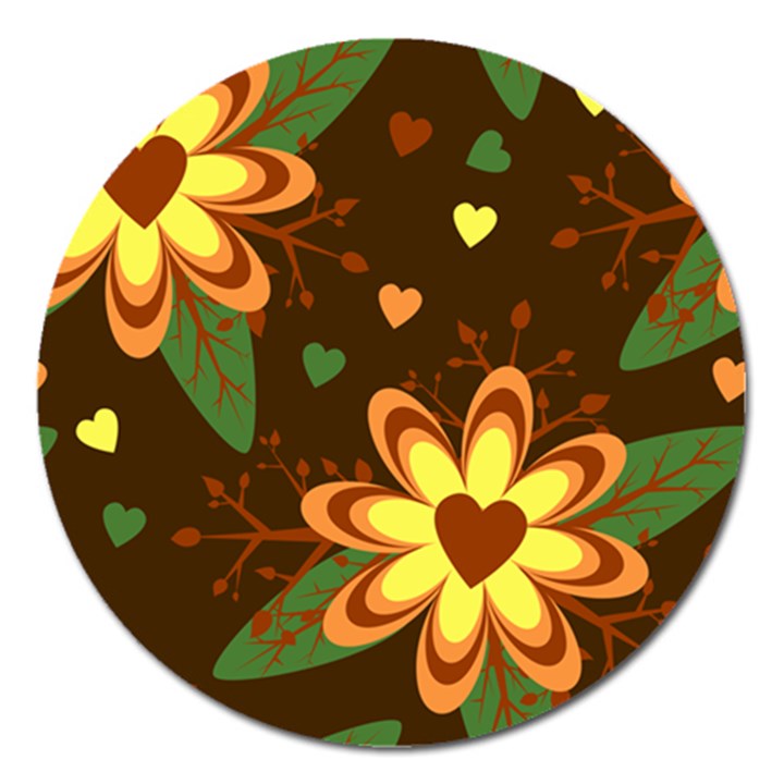 Floral Hearts Brown Green Retro Magnet 5  (Round)