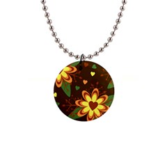 Floral Hearts Brown Green Retro 1  Button Necklace