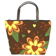 Floral Hearts Brown Green Retro Bucket Bag