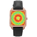 Kaleidoscope Background Mandala Red green Rose Gold Leather Watch 