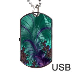 Fractal Turquoise Feather Swirl Dog Tag Usb Flash (two Sides)