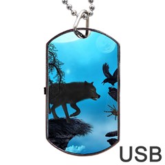 Awesome Black Wolf With Crow And Spider Dog Tag Usb Flash (one Side) by FantasyWorld7