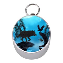 Awesome Black Wolf With Crow And Spider Mini Silver Compasses by FantasyWorld7