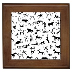 Petroglyph Runic Cavemen Nordic Black Paleo Drawings Pattern Framed Tiles by snek