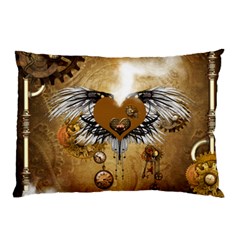 Wonderful Steampunk Heart With Wings, Clocks And Gears Pillow Case by FantasyWorld7