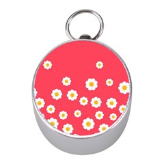 Flowers White Daisies Pattern Red Background Flowers White Daisies Pattern Red Bottom Mini Silver Compasses by genx