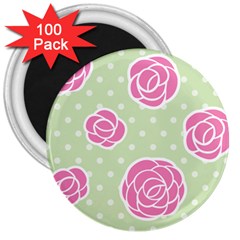 Roses Flowers Pink And Pastel Lime Green Pattern With Retro Dots 3  Magnets (100 Pack) by genx