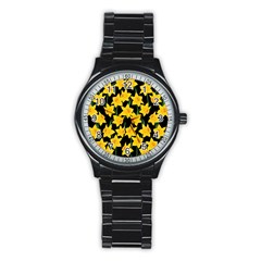 Yellow Daffodils Pattern Stainless Steel Round Watch by Valentinaart