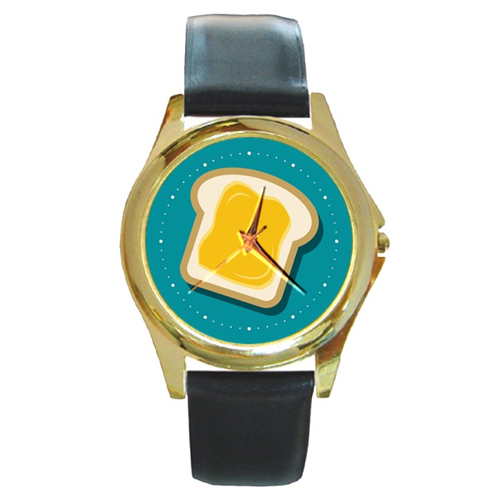 Toast With Cheese Pattern Turquoise Green Background Retro funny food Round Gold Metal Watch