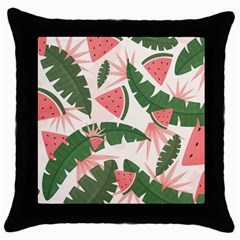 Tropical Watermelon Leaves Pink And Green Jungle Leaves Retro Hawaiian Style Throw Pillow Case (black) by genx