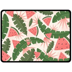 Tropical Watermelon Leaves Pink And Green Jungle Leaves Retro Hawaiian Style Double Sided Fleece Blanket (large)  by genx