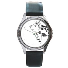 Pig Smiling Head Up Hand Drawn With Funny Cow Spots Black And White Round Metal Watch by genx