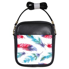 Feathers Boho Style Purple Red And Blue Watercolor Girls Sling Bag by genx