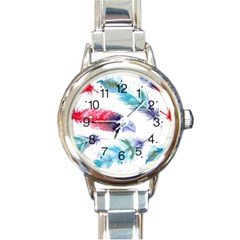 Feathers Boho Style Purple Red And Blue Watercolor Round Italian Charm Watch by genx