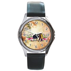 Funny Coutan With Flowers Round Metal Watch by FantasyWorld7