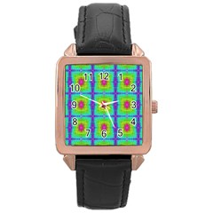 Groovy Yellow Pink Purple Square Pattern Rose Gold Leather Watch  by BrightVibesDesign