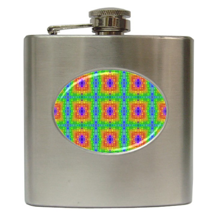 Groovy Purple Green Blue Orange Square Pattern Hip Flask (6 oz)