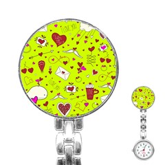 Valentin s Day Love Hearts Pattern Red Pink Green Stainless Steel Nurses Watch by EDDArt