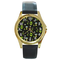 Alien Ufo Pattern Round Gold Metal Watch by Vaneshart