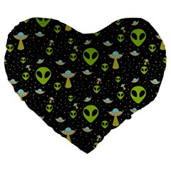 Alien Ufo Pattern Large 19  Premium Flano Heart Shape Cushions