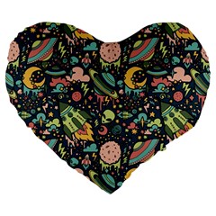 Texture Patterns Aliens Rockets Space Large 19  Premium Flano Heart Shape Cushions by Vaneshart