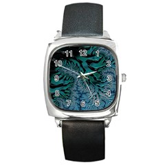 Creative Wing Abstract Texture River Stream Pattern Green Geometric Artistic Blue Art Aqua Turquoise Square Metal Watch by Vaneshart