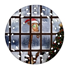 Funny Giraffe  With Christmas Hat Looks Through The Window Round Filigree Ornament (two Sides) by FantasyWorld7