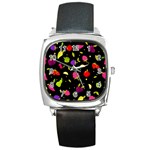 Vector Seamless Summer Fruits Pattern Colorful Cartoon Background Square Metal Watch
