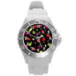 Vector Seamless Summer Fruits Pattern Colorful Cartoon Background Round Plastic Sport Watch (L)
