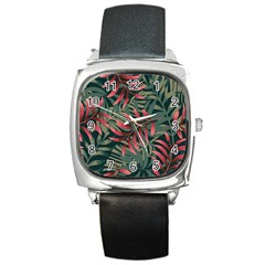 Trending Abstract Seamless Pattern With Colorful Tropical Leaves Plants Green Square Metal Watch by Vaneshart
